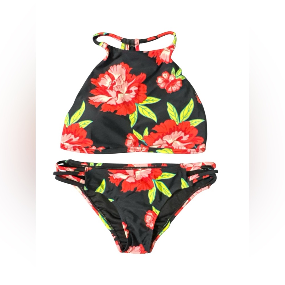 Cabana Del Sol Black Red Floral Bikini Strappy Back Top Like New - Small